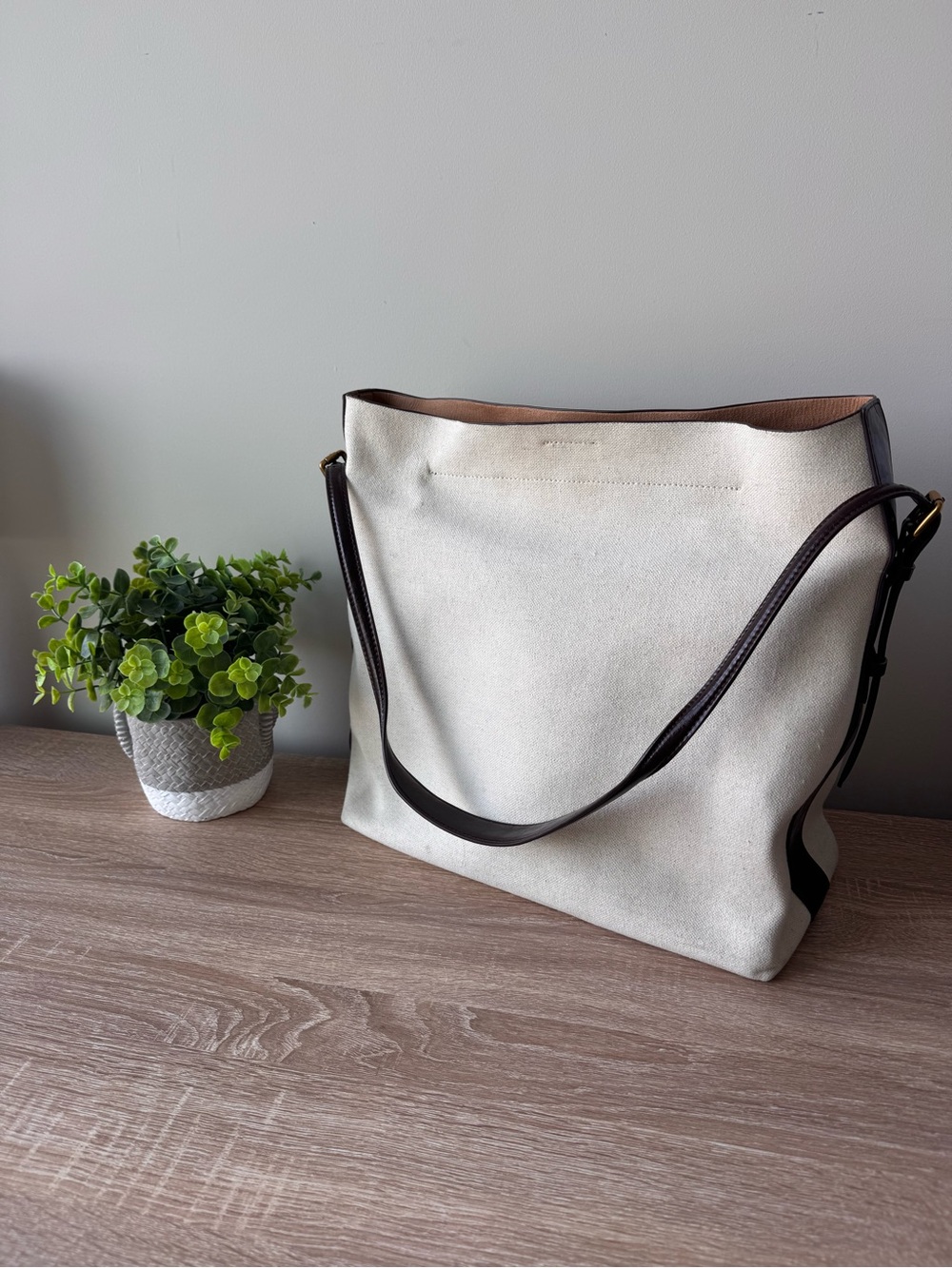 ZARA Canvas Shoulder Tote Bag with Dark Brown Trim - Women Bags